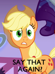 Size: 460x620 | Tagged: safe, screencap, applejack, rarity, earth pony, pony, unicorn, image macro, meme, reaction image