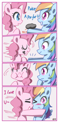 Size: 600x1250 | Tagged: safe, artist:tastyrainbow, derpibooru import, pinkie pie, rainbow dash, earth pony, pegasus, pony, big eyes, blushing, cake, chinese, comic, cute, eating, eyes closed, female, food, grin, happy, hooves, hug, i love you, lesbian, mare, one eye closed, pinkiedash, shipping, smiling, spread wings, wings, wink