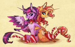 Size: 2442x1546 | Tagged: safe, artist:marbola, sunset shimmer, twilight sparkle, twilight sparkle (alicorn), alicorn, pony, unicorn, clothes, female, leonine tail, lesbian, mare, pale belly, shipping, smiling, socks, stockings, striped socks, sunsetsparkle, thigh highs