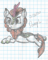 Size: 1916x2359 | Tagged: safe, artist:mlplayer dudez, autumn blaze, kirin, cel shading, cheek fluff, colored, crossed legs, ear fluff, graph paper, lying down, prone, shading, signature, solo, tail wrap, tongue out, traditional art