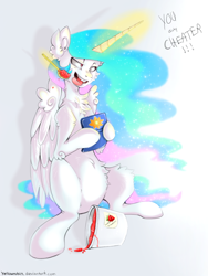 Size: 900x1200 | Tagged: safe, artist:yellowrobin, princess celestia, alicorn, pony, chest fluff, fluffy, food, ice cream, magic, pokémon, pokémon sun, solo, telekinesis, tongue out