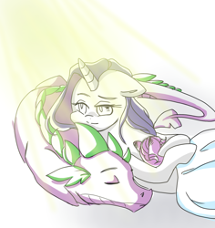 Size: 990x1050 | Tagged: safe, artist:yuyusunshine, rarity, spike, dracony, dragon, hybrid, pony, unicorn, female, interspecies offspring, male, offspring, older, older spike, parent:rarity, parent:spike, parents:sparity, shipping, sleeping, sparity, straight