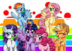 Size: 2510x1800 | Tagged: safe, artist:lucy-tan, derpibooru import, applejack, fluttershy, pinkie pie, rainbow dash, rarity, twilight sparkle, twilight sparkle (alicorn), alicorn, earth pony, pegasus, pony, unicorn, female, mane six, mare, open mouth, wingding eyes, wink