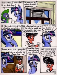 Size: 1392x1826 | Tagged: safe, artist:newyorkx3, derpibooru import, spike, twilight sparkle, twilight sparkle (alicorn), oc, oc:tommy, alicorn, dragon, pony, comic:twilight and the big city, cereal, comic, female, mare, non-mlp oc, self insert, traditional art