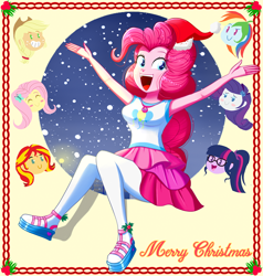 Size: 1160x1220 | Tagged: safe, artist:the-butch-x, applejack, fluttershy, pinkie pie, rainbow dash, rarity, sunset shimmer, twilight sparkle, better together, equestria girls, armpits, christmas, christmas card, clothes, female, hat, holiday, humane five, humane seven, humane six, mane six, santa hat, smiling