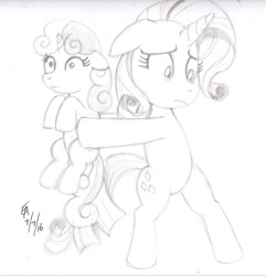 Size: 800x830 | Tagged: safe, artist:mayorlight, rarity, sweetie belle, pony, unicorn, bipedal, holding a pony, monochrome, sketch, traditional art