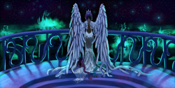 Size: 1200x604 | Tagged: safe, artist:chirun, princess celestia, human, balcony, humanized, solo, stars, winged humanization