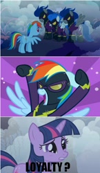 Size: 556x960 | Tagged: safe, derpibooru import, edit, edited screencap, screencap, rainbow dash, twilight sparkle, pegasus, pony, friendship is magic, clothes, costume, image macro, meme, shadowbolt dash, shadowbolts, shadowbolts costume