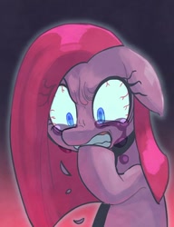 Size: 500x650 | Tagged: safe, artist:jirousan, part of a set, pinkie pie, earth pony, pony, biting, bloodshot eyes, crying, female, floppy ears, frown, glare, gradient background, gritted teeth, hoof biting, mare, pinkamena diane pie, shrunken pupils, solo, wide eyes