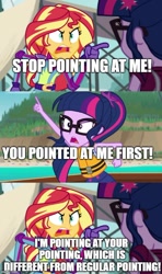 Size: 500x843 | Tagged: safe, edit, edited screencap, screencap, sci-twi, sunset shimmer, twilight sparkle, better together, equestria girls, friendship games, the salty sails, angry, caption, clothes, comic, crossing the memes, exploitable meme, glasses, image macro, lifejacket, meme, motorcross outfit, pointing, screencap comic, spider-man points at spider-man, spider-man: into the spider-verse, sunset yells at twilight, text