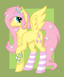 Size: 1818x2200 | Tagged: safe, artist:partylikeanartist, fluttershy, pegasus, pony, clothes, raised hoof, scene kid, socks, solo, striped socks