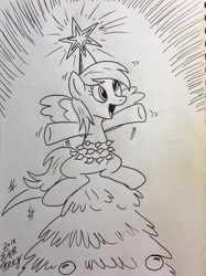 Size: 1533x2048 | Tagged: safe, artist:debmervin, derpy hooves, pony, christmas, christmas tree, derpy star, holiday, monochrome, solo, traditional art, tree