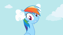 Size: 1366x768 | Tagged: safe, derpibooru import, screencap, rainbow dash, pegasus, pony, griffon the brush off, flying, mouth, solo