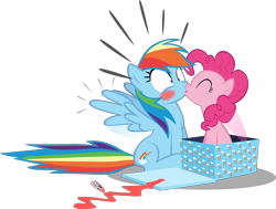 Size: 9000x6820 | Tagged: safe, artist:mrkat7214, derpibooru import, pinkie pie, rainbow dash, earth pony, pegasus, pony, absurd resolution, blushing, box, female, kissing, lesbian, mare, pinkiedash, pony in a box, present, shipping, simple background, spread wings, surprise kiss, surprised, transparent background, vector, wingboner, wings