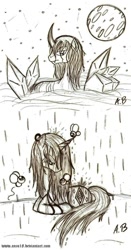 Size: 647x1234 | Tagged: safe, artist:rossmaniteanzu, derpibooru import, king sombra, oc, oc:anzu, parasprite, pony, unicorn, crystal, crystal empire, horn, night, rain, sad, wet mane