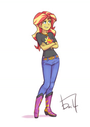 Size: 1024x1449 | Tagged: safe, artist:jurill, sunset shimmer, human, belt, boots, clothes, crossed arms, geode of empathy, humanized, jeans, magical geodes, pants, shoes, signature, simple background, smiling, solo, white background
