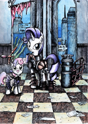Size: 3467x4905 | Tagged: safe, artist:smellslikebeer, rarity, sweetie belle, pony, unicorn, absurd resolution, armor, armorarity, big sister, bioshock, crosshatch, crossover, duo, ink, little sister, sisters, traditional art, watercolor painting