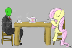 Size: 1146x773 | Tagged: safe, artist:megajack, fluttershy, oc, oc:anon, human, chained, tea, tea party, teacup, teapot