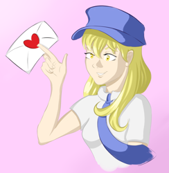 Size: 2000x2047 | Tagged: safe, artist:inersdraco, derpy hooves, human, crossover, heart, humanized, letter, mailwoman, necktie, simple background, solo, yandere simulator