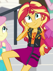 Size: 385x511 | Tagged: safe, screencap, fluttershy, sunset shimmer, better together, equestria girls, text support, cropped, leather vest, shoulderless shirt, skirt