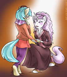 Size: 951x1100 | Tagged: safe, artist:kaemantis, derpibooru import, coco pommel, fleur-de-lis, anthro, earth pony, unguligrade anthro, clothes, commission, crying, female, fleur-de-coco, lesbian, mare, marriage proposal, shipping, size difference, smiling, tears of joy