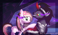 Size: 1024x614 | Tagged: safe, artist:pinkyaudir8, derpibooru import, king sombra, oc, oc:pinky, pegasus, pony, canon x oc, crystal empire, dark magic, smiling, smirk, sombra eyes