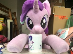 Size: 2576x1932 | Tagged: safe, artist:nekokevin, cozy glow, starlight glimmer, pony, unicorn, series:nekokevin's glimmy, coffee, coffee mug, desk, female, irl, mare, mug, photo, plushie, smiling, underhoof