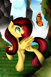 Size: 730x1095 | Tagged: safe, artist:thelyuba1211, fluttershy, butterfly, pegasus, pony, female, forest, mare, solo