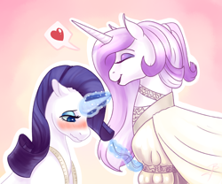 Size: 2400x2000 | Tagged: safe, artist:dragonasartanddoodles, derpibooru import, fleur-de-lis, rarity, pony, unicorn, blushing, eyes closed, female, fleurity, heart, lesbian, mare, shipping, spoken heart