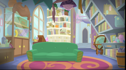 Size: 1823x1017 | Tagged: safe, screencap, starlight glimmer, book, globe, kite, mug, no pony, pot, potion, shelf, sofa, starlight's office, trophy, window