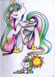 Size: 1434x2004 | Tagged: safe, artist:cutepencilcase, princess celestia, alicorn, pony, magic, solo, sun, telekinesis, traditional art