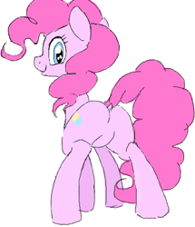Size: 377x439 | Tagged: artist needed, safe, pinkie pie, earth pony, pony, dock, featureless crotch, flockmod, looking at you, looking back, plot, solo
