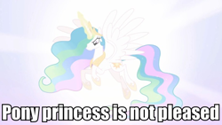 Size: 720x405 | Tagged: safe, edit, edited screencap, screencap, princess celestia, alicorn, pony, lesson zero, ethereal mane, female, flying, glow, glowing horn, image macro, magic, mare, meme, solo, spread wings