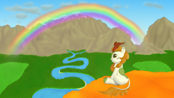 Size: 1920x1080 | Tagged: safe, artist:astralr, autumn blaze, kirin, cloud, cloven hooves, colored hooves, female, forest, grass, mountain, rainbow, river, scenery, sitting, sky, solo