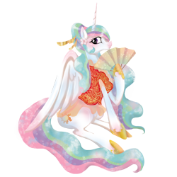 Size: 1280x1280 | Tagged: safe, artist:fluffyneco, princess celestia, alicorn, pony, cheongsam, clothes, fan, solo