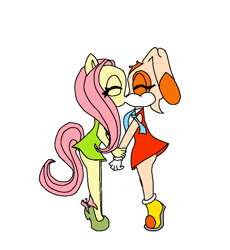 Size: 822x894 | Tagged: safe, artist:tomahawklegend, fluttershy, anthro, cream the rabbit, creamshy, crossover, crossover shipping, female, heart, kissing, lesbian, shipping, sonic the hedgehog (series)