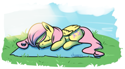 Size: 851x469 | Tagged: safe, artist:draneas, fluttershy, pegasus, pony, 30 minute art challenge, sleeping, solo