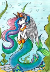 Size: 1515x2160 | Tagged: safe, artist:stirren, princess celestia, alicorn, mermaid, merpony, seapony (g4), bubble, crepuscular rays, crown, cute, ear fluff, ears, ethereal mane, feather, female, fish tail, flowing mane, gem, hoof shoes, horn, jewelry, looking at you, mare, mermaid tail, ocean, peytral, pink eyes, regalia, rock, scales, seaponified, seapony celestia, seaweed, signature, smiling, smiling at you, solo, species swap, sunlight, swimming, tail, traditional art, underwater, water, wings