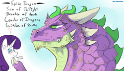 Size: 1500x858 | Tagged: safe, artist:kogentasama, rarity, spike, dragon, pony, unicorn, female, heart, male, older, older spike, scratching, shipping, sparity, straight, text