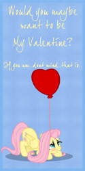 Size: 750x1500 | Tagged: safe, artist:jimmy--chan, fluttershy, pegasus, pony, balloon, cute, heart, heart balloon, mouth hold, shyabetes, solo, text, valentine, valentine's day