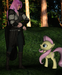 Size: 471x567 | Tagged: safe, artist:neosilverthorn, fluttershy, elf, pegasus, pony, 3d, description story, druid, fantasy, forest, meeting yourself, this can only end well