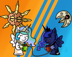 Size: 2355x1883 | Tagged: safe, artist:mangameister, princess celestia, princess luna, alicorn, pony, :p, chibi, cute, eyes closed, hoof hold, licking, licking lips, lunatone, pokémon, pokémon moon, pokémon sun, pokémon sun and moon, puppet, smiling, solrock, sun vs moon, tongue out