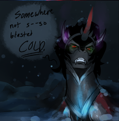 Size: 309x314 | Tagged: safe, artist:peachiekeenie, derpibooru import, king sombra, pony, unicorn, crystal, crystal empire, dark magic, darkness, snow, solo, stupid sexy sombra