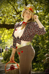 Size: 427x640 | Tagged: safe, artist:yakko, applejack, human, apple, basket, clothes, cosplay, irl, irl human, outdoors, pants, photo