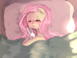 Size: 1280x965 | Tagged: safe, artist:marinakirby, angel bunny, fluttershy, pegasus, pony, female, mare, sleeping