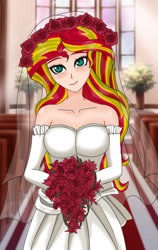 Size: 537x850 | Tagged: safe, artist:anonix123, sunset shimmer, human, equestria girls, bare shoulders, beautiful, bouquet, breasts, bride, chapel, cleavage, clothes, cute, dress, female, floral head wreath, flower, humanized, shimmerbetes, smiling, solo, wedding dress