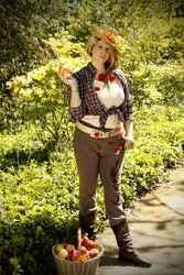 Size: 427x640 | Tagged: safe, artist:yakko, applejack, human, apple, basket, clothes, cosplay, irl, irl human, outdoors, pants, photo