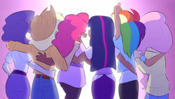 Size: 1280x720 | Tagged: safe, artist:whitebag, derpibooru import, applejack, fluttershy, pinkie pie, rainbow dash, rarity, twilight sparkle, human, applebutt, balloonbutt, dark skin, face not visible, facing away, flutterbutt, humanized, light skin, mane six, rainbutt dash, rearity, twibutt