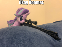 Size: 2048x1536 | Tagged: safe, edit, starlight glimmer, ar15, boomer, caption, exploitable meme, female, gun, image macro, irl, meme, ok boomer, photo, plushie, snipelight glimmer, text, weapon