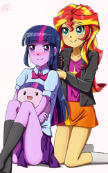 Size: 750x1200 | Tagged: safe, artist:tastyrainbow, sunset shimmer, twilight sparkle, equestria girls, blushing, clothes, cute, duo, happy, pleated skirt, schrödinger's pantsu, simple background, skirt, socks, twibutt, upskirt denied, white background